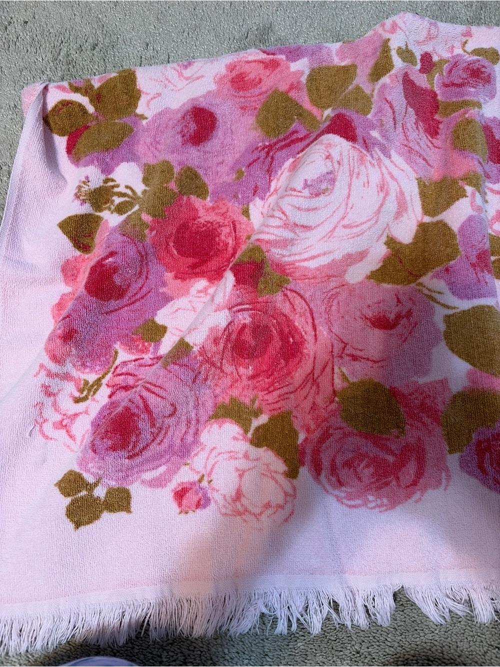 Vintage Pink Cabbage Rose Floral Bath Towel Fringe Retro Shabby Chic Cottagecore